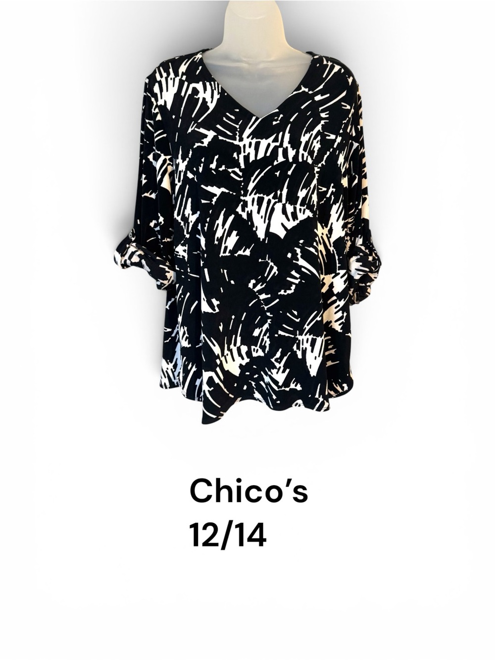 Chico's *travel Collection* Black & White V-Neck Brushstroke Top  12/14   #14